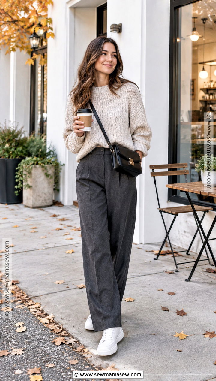 Chunky Sweater Autumn Outfit With Tailored Trousers - 20 autumn capsule wardrobe outfits