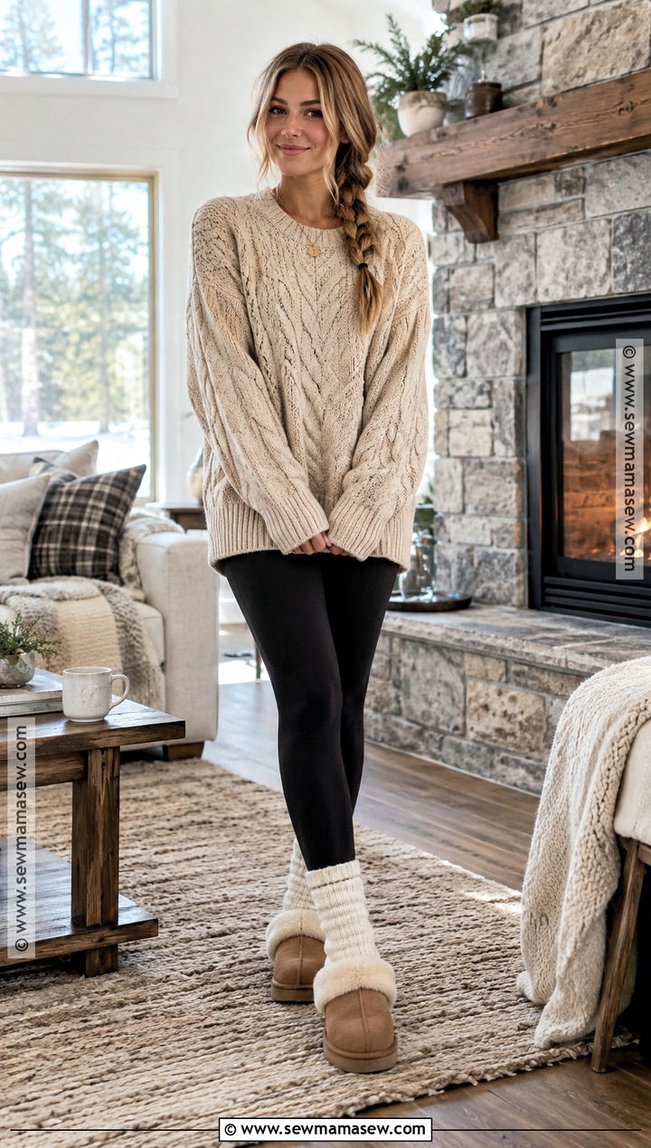Chunky Sweater Cabin Outfit With Leggings and Slippers - 15 cute cabin outfits fall