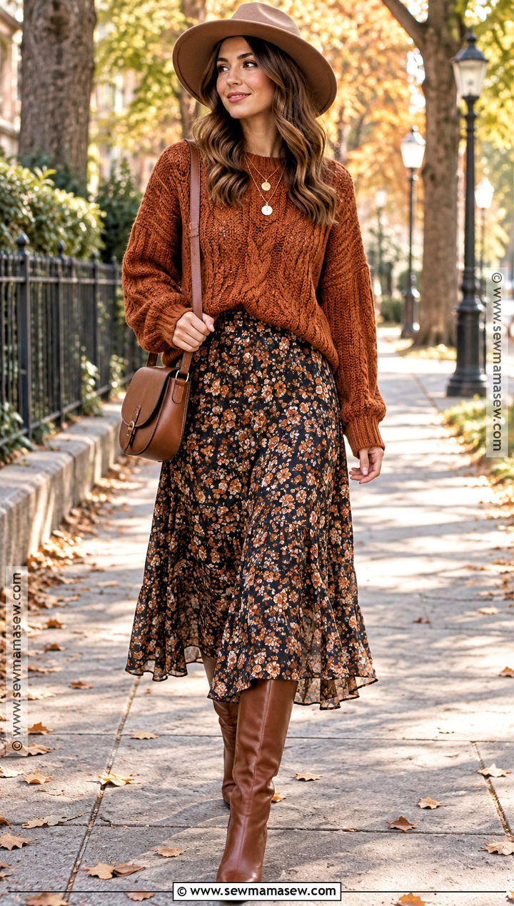 Chunky Sweater Fall Outfit With A Midi Skirt - 15 fall outfit collage with accessories