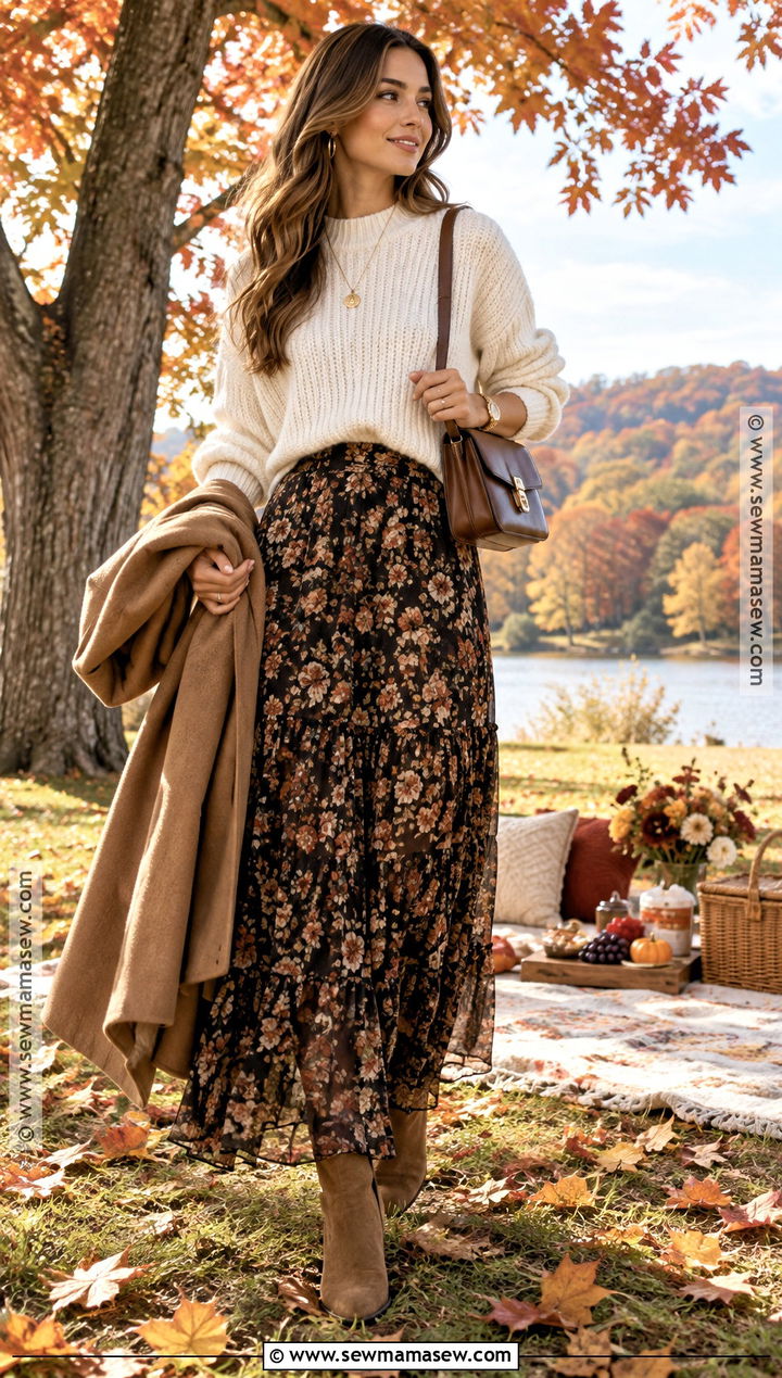 Chunky Sweater Fall Picnic Outfit With A Floral Maxi Skirt - 20 picnic outfit fall ideas