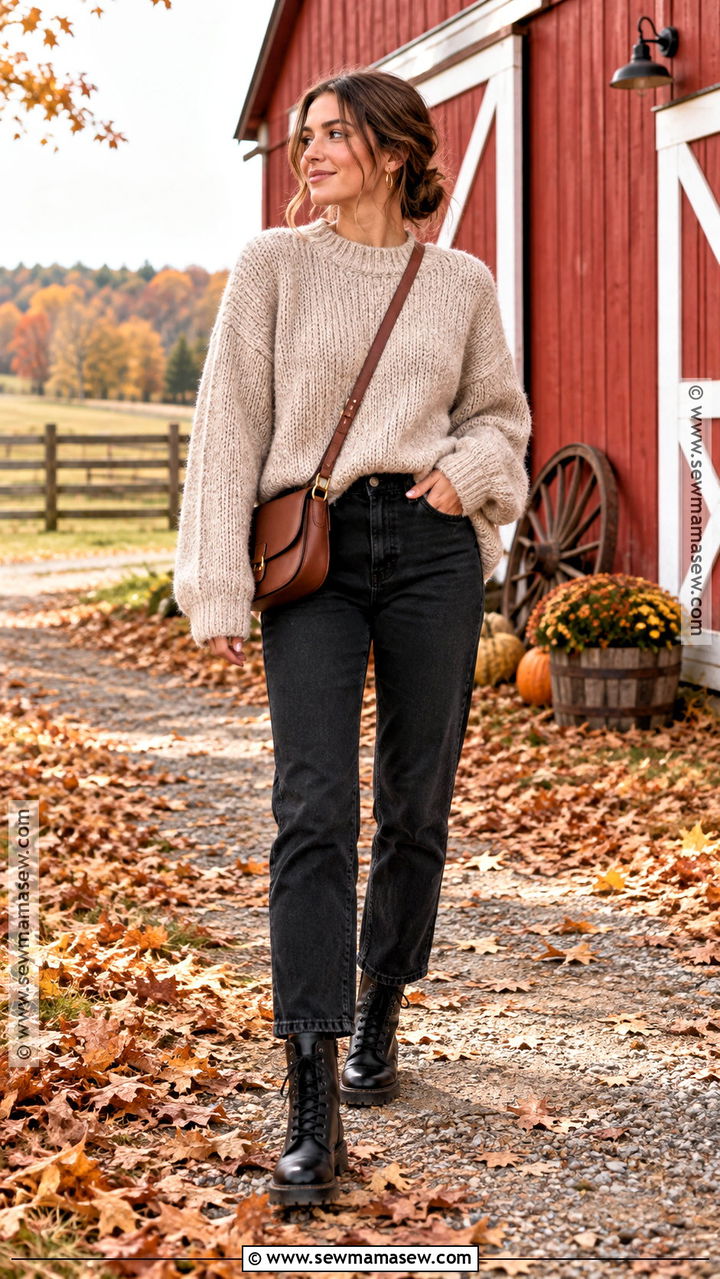 Chunky Sweater Farm Outfit With Black Jeans And Combat Boots - 20 Fall Farm Outfits for Women