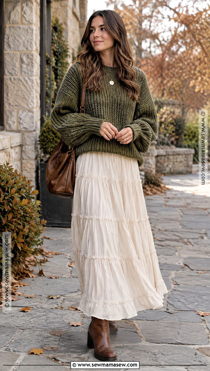 Chunky Sweater Over Tiered Maxi Dress Outfit - 20 sweater over dress outfit autumn ideas