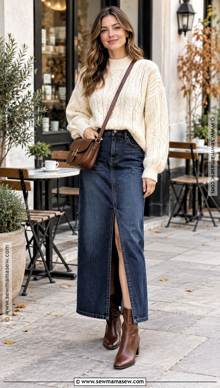 Chunky Sweater With Denim Maxi Skirt Outfit - 15 Fall Winter Fashion Outfits 2026