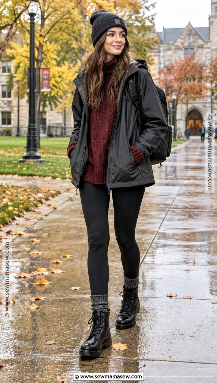 Chunky Sweater With Leggings And Combat Boots - 15 comfy rainy day outfit fall ideas