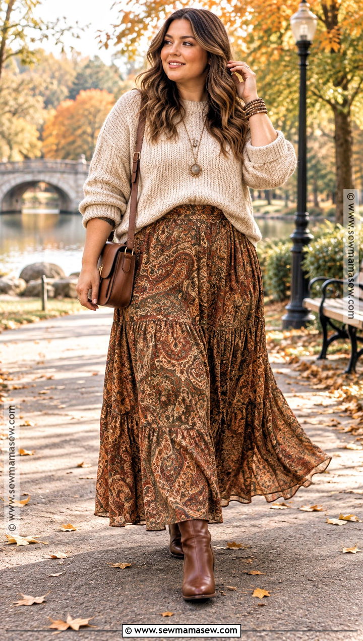 Chunky Sweater With Printed Maxi Skirt Boho Fall Outfit - 15 Boho Outfits For Fall 2026