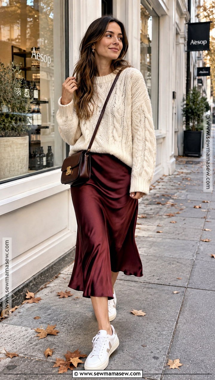 Chunky Sweater With Satin Midi Skirt - 15 fall 2026 fashion trends casual