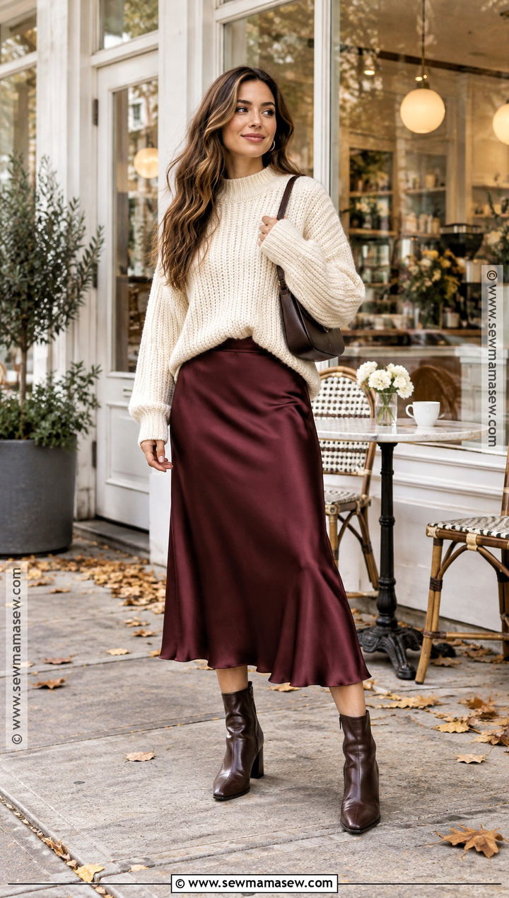 Chunky Sweater With Satin Midi Skirt - 25 fall day outfit ideas