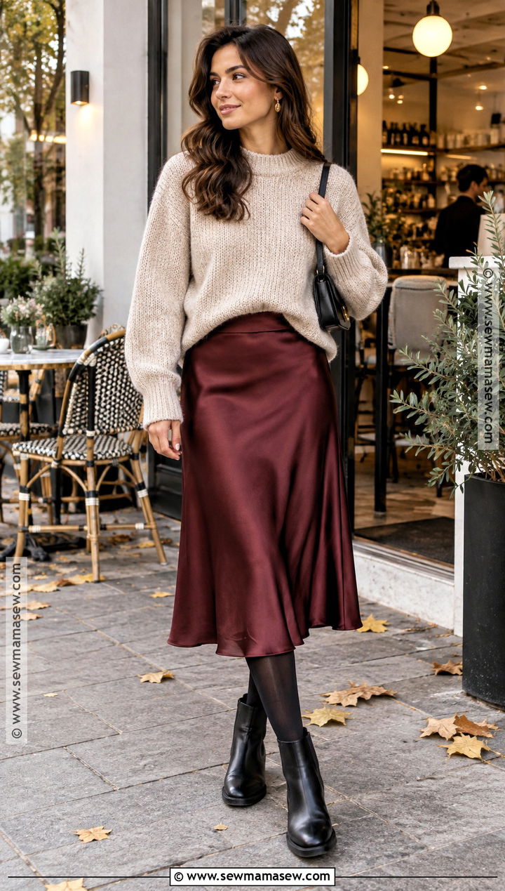 Chunky Sweater With Satin Midi Skirt And Boots - 25 comfy autumn outfits