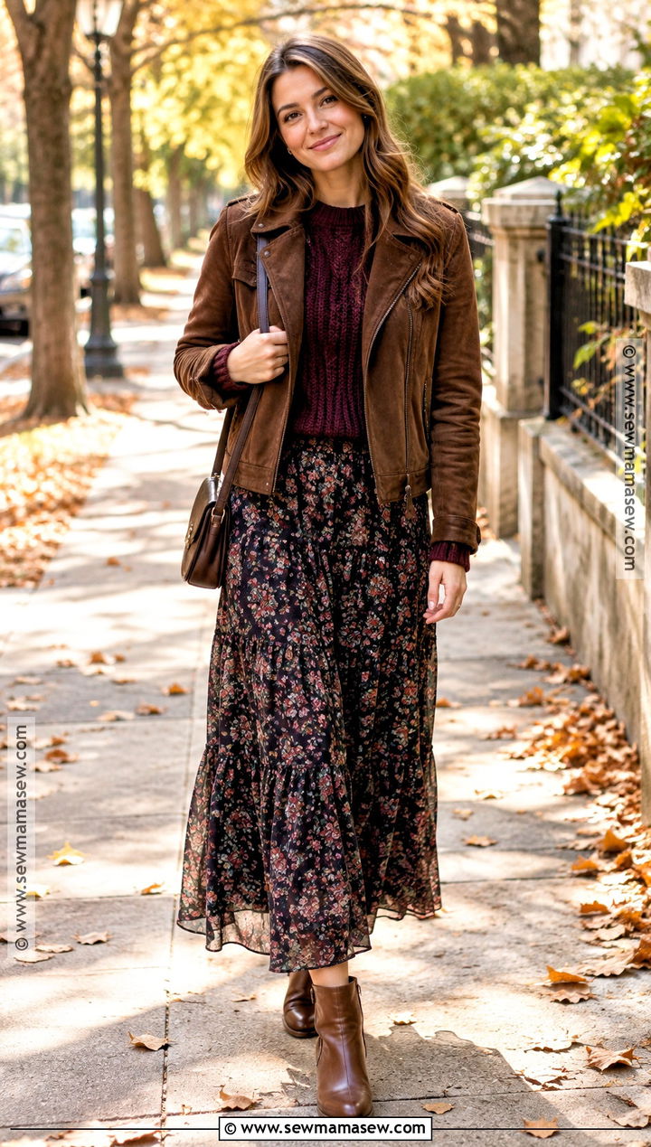 Chunky Sweater and Floral Maxi Skirt Outfit - 20 sweater skirt outfit fall ideas