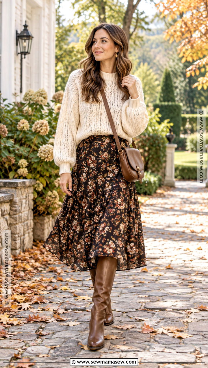 Chunky Sweater and Floral Midi Skirt Fall Outfit - 25 Fall Outfit Inspo Ideas 2026