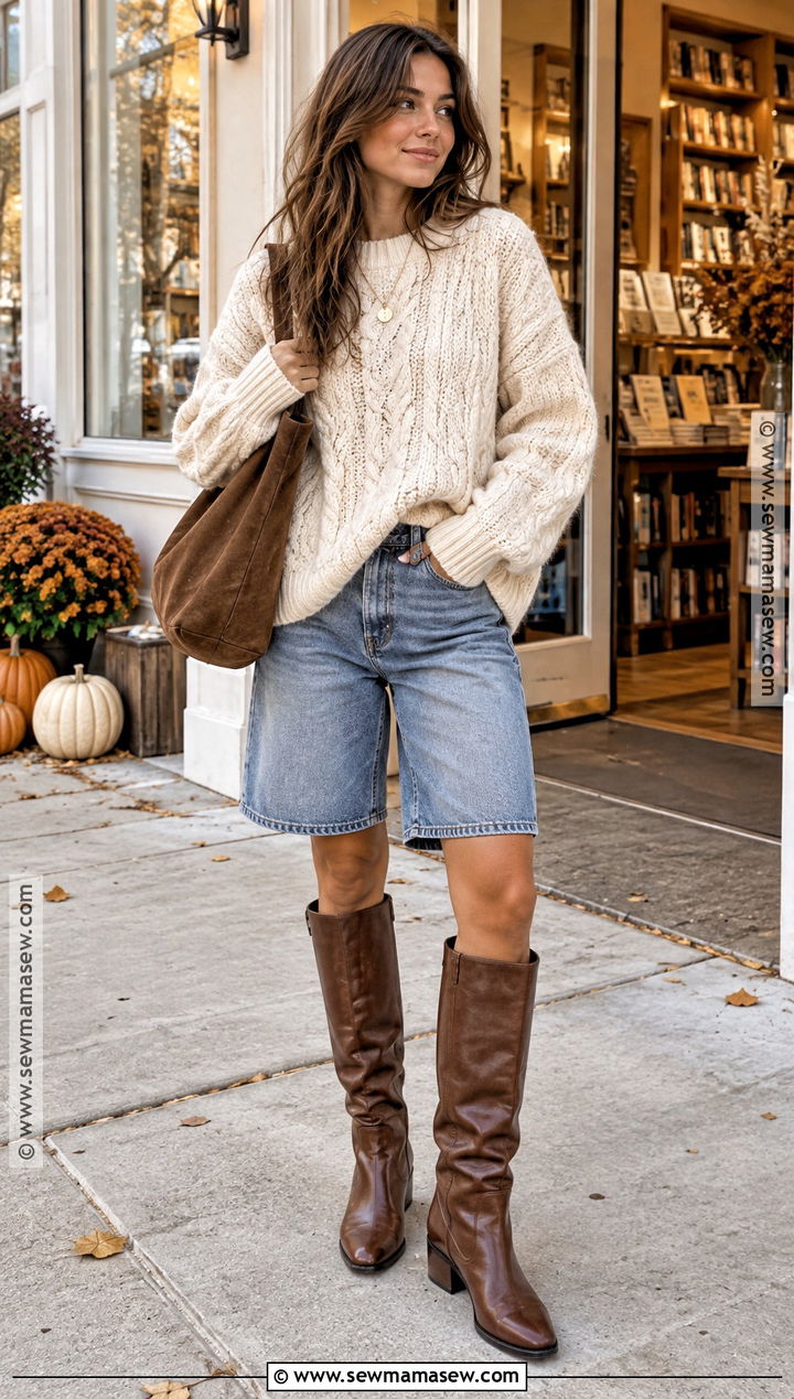 Chunky Sweater and Jorts Outfit - 20 jorts autumn outfit ideas