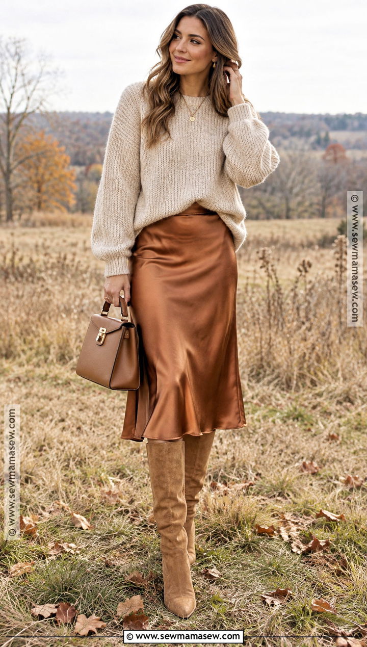 Chunky Sweater and Satin Midi Skirt Photo Shoot Outfit - 15 November Photo Shoot Outfits