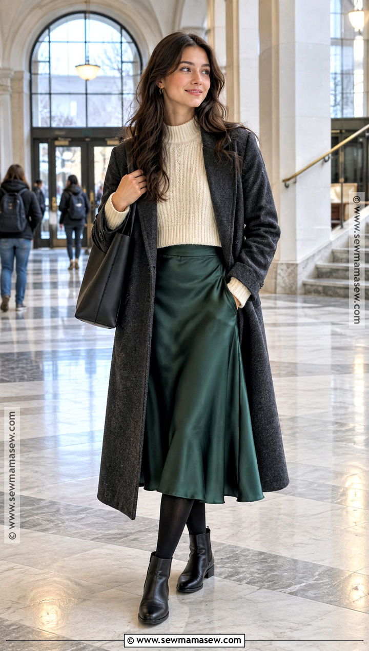 Chunky Sweater and Satin Midi Skirt Winter School Outfit - 20 winter back to school outfits