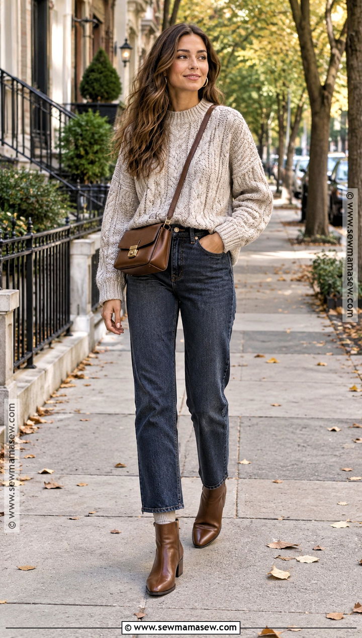 Chunky Sweater and Straight Leg Jeans Fall Outfit - 20 fall warm outfits