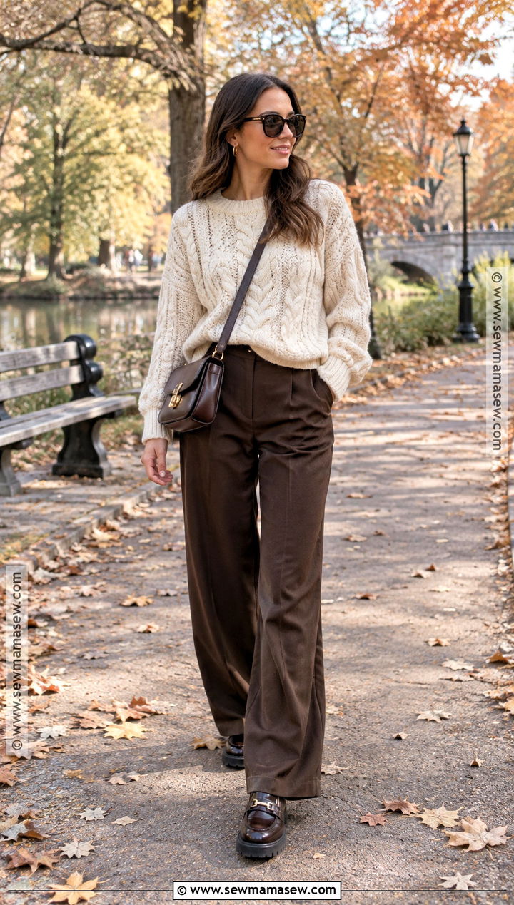 Chunky Sweater and Wide Leg Trousers Autumn Stroll Outfit - 15 Autumn Stroll Outfit Ideas