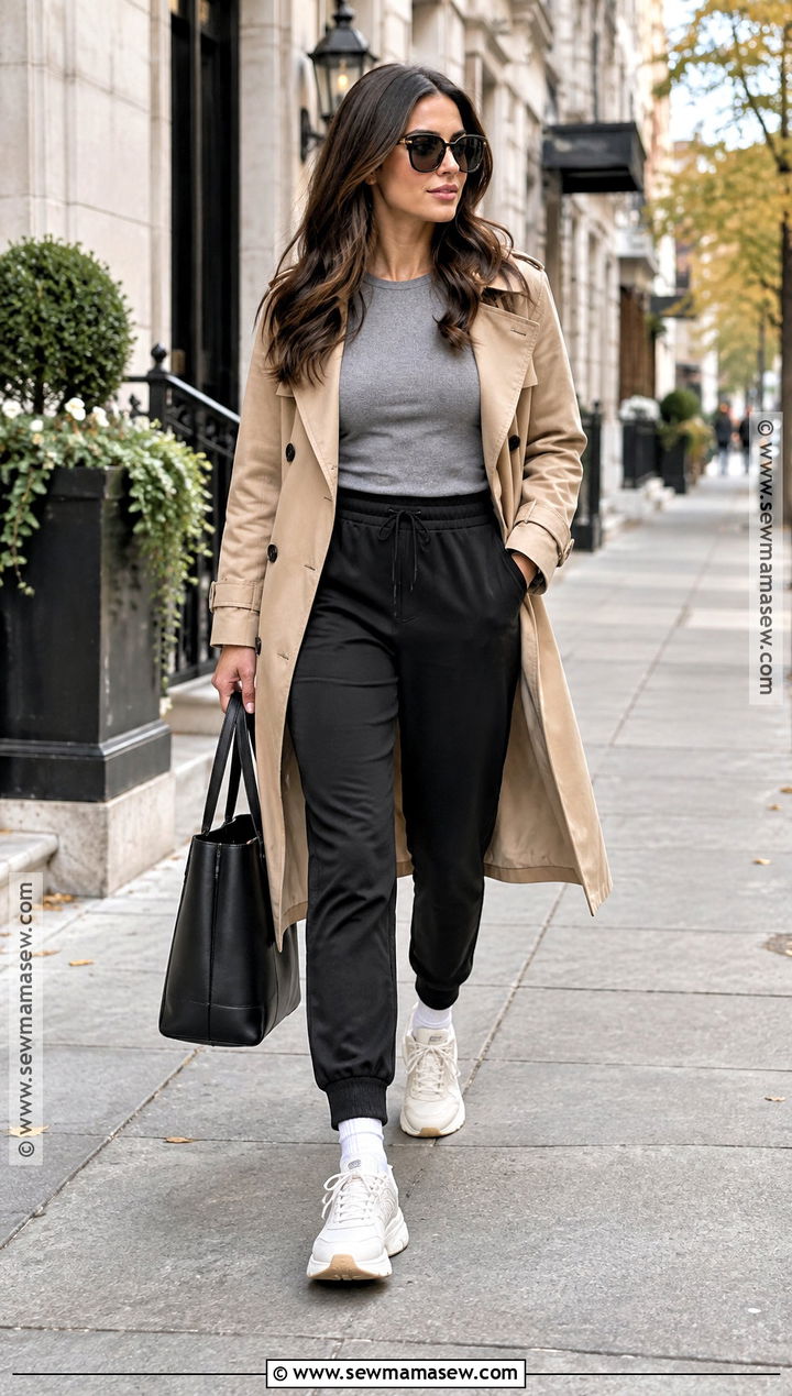 Chunky Tennis Shoes With Joggers And Trench Coat - 15 tennis shoes outfit fall