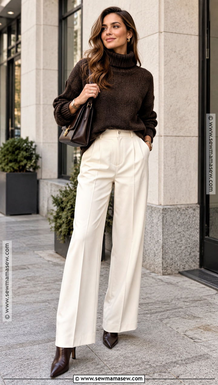 Chunky Turtleneck Sweater With Wide Leg Trousers - 15 Chunky Sweater Fall Fashion Ideas