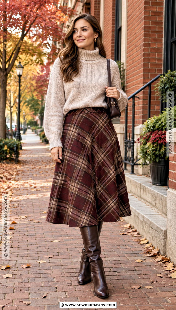 Chunky Turtleneck and Plaid Skirt Fall Photoshoot - 15 Cute Fall Outfits Photoshoot