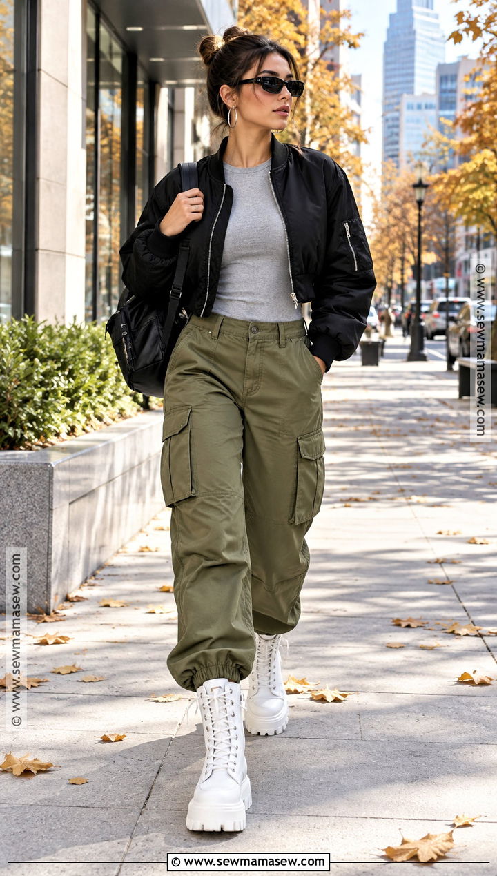 Chunky White Boots With Cargo Pants And Cropped Bomber Jacket - 15 Chunky White Boots Outfit Fall