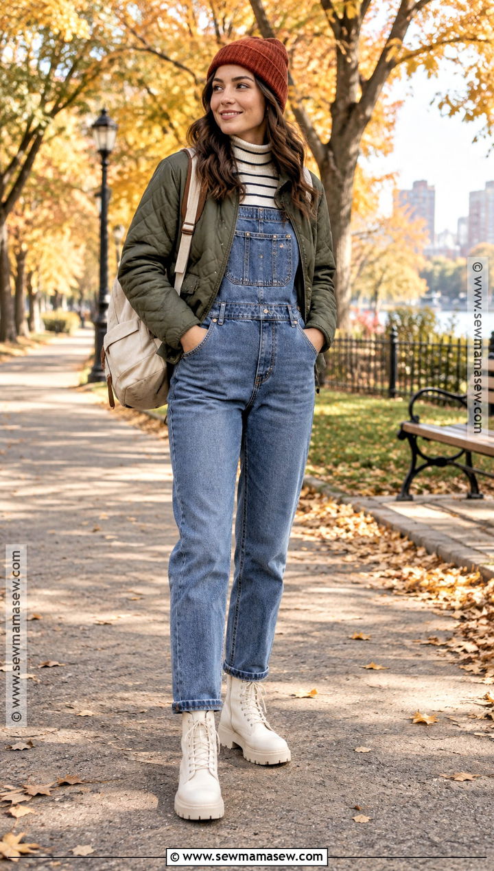 Chunky White Boots With Denim Overalls And Turtleneck - 15 Chunky White Boots Outfit Fall