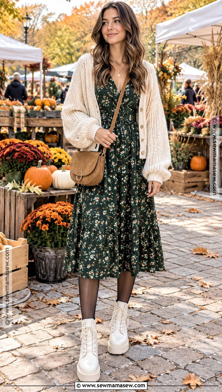 Chunky White Boots With Floral Midi Dress And Cardigan - 15 Chunky White Boots Outfit Fall