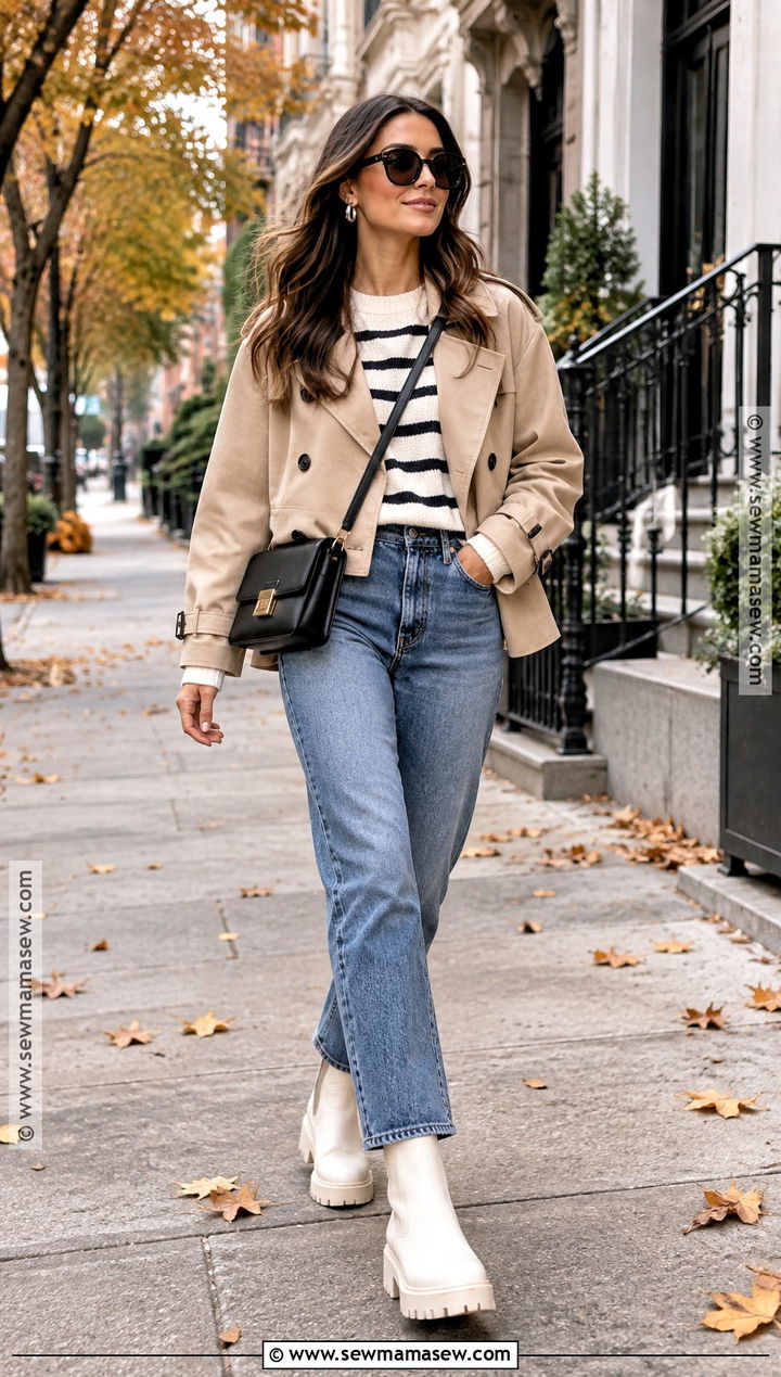 Chunky White Boots With Straight Leg Jeans And Striped Sweater - 15 Chunky White Boots Outfit Fall
