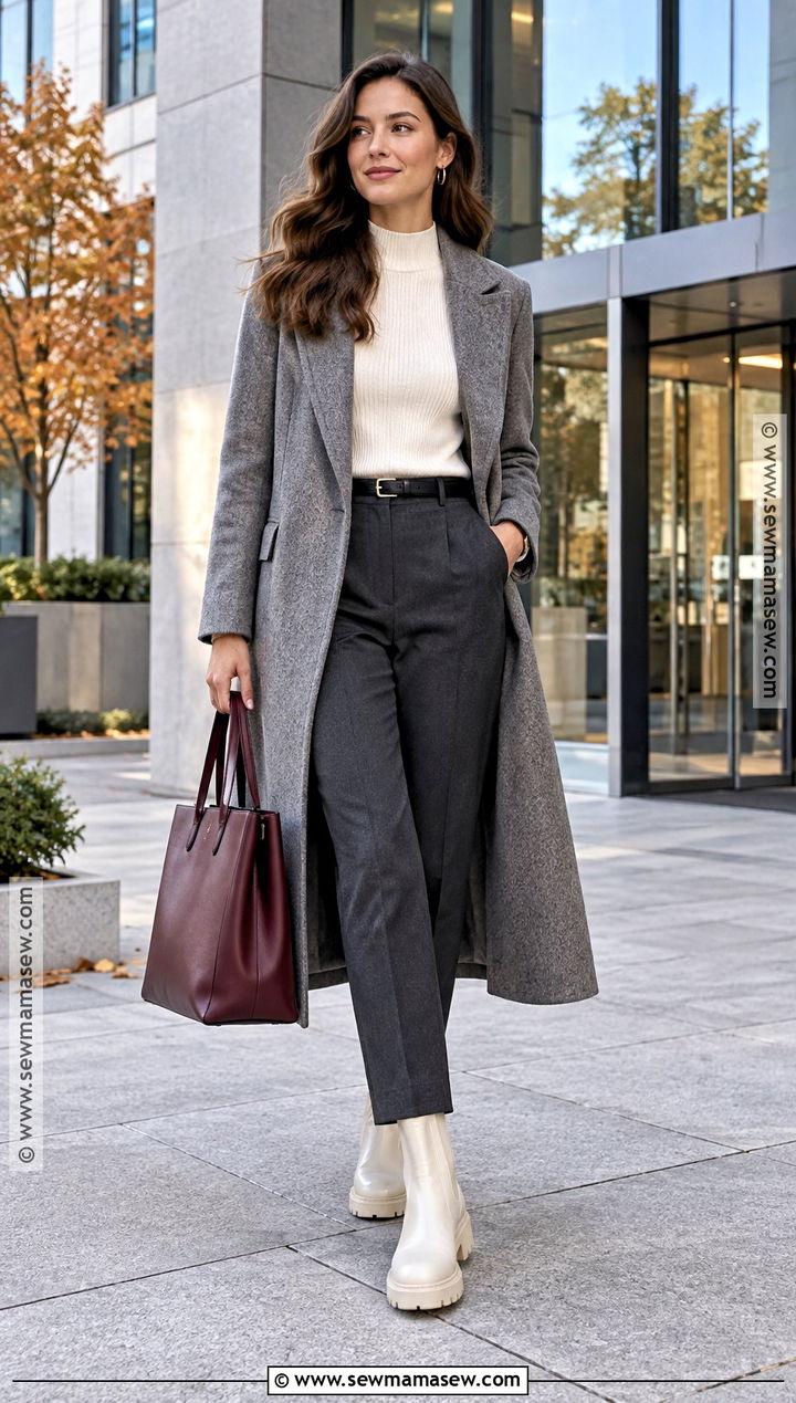Chunky White Boots With Tailored Trousers And Wool Coat - 15 Chunky White Boots Outfit Fall