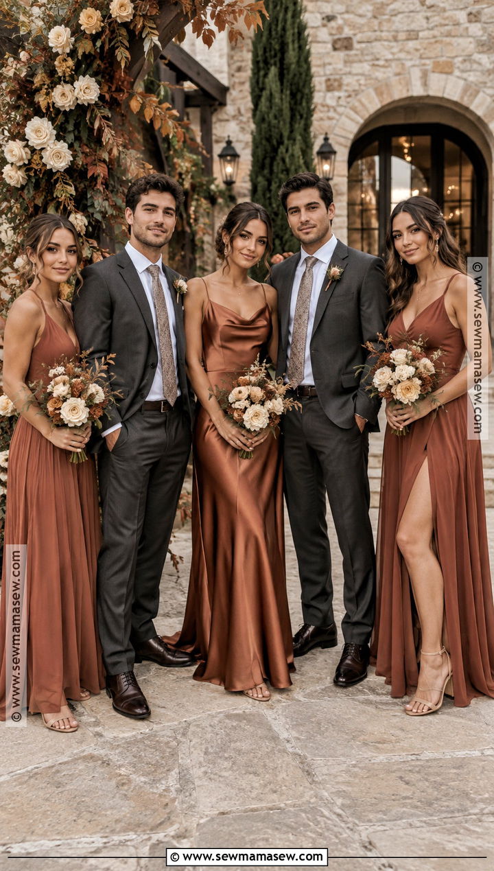 Cinnamon Bridesmaid Dresses With Charcoal Groomsmen Suits - 15 fall wedding bridesmaid dresses and groomsmen