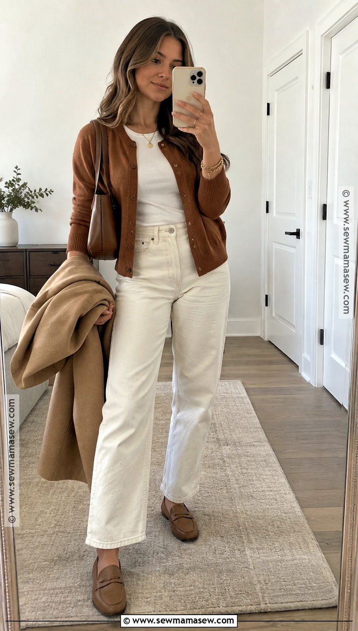 Cinnamon Cardigan And Ivory Jeans Autumn Outfit - 20 autumn color palette fashion outfit ideas