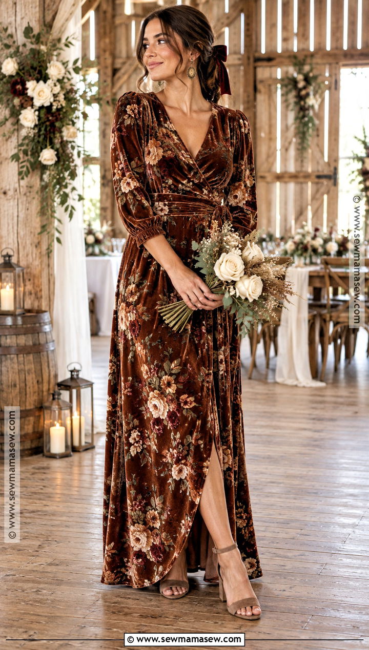 Cinnamon Floral Velvet Bridesmaid Dress - 15 rustic fall wedding ideas autumn october bridesmaid dresses