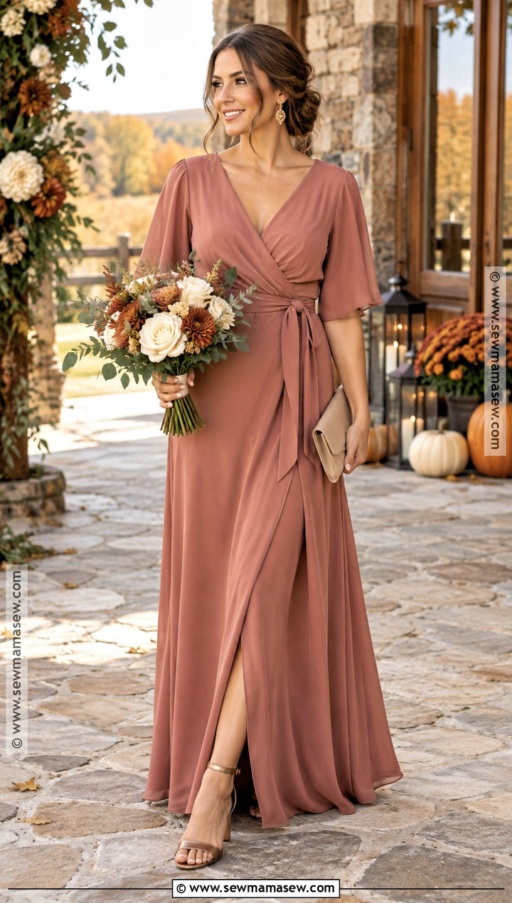 Cinnamon Pink Wrap Fall Bridesmaid Dress - 15 pink fall bridesmaid dresses