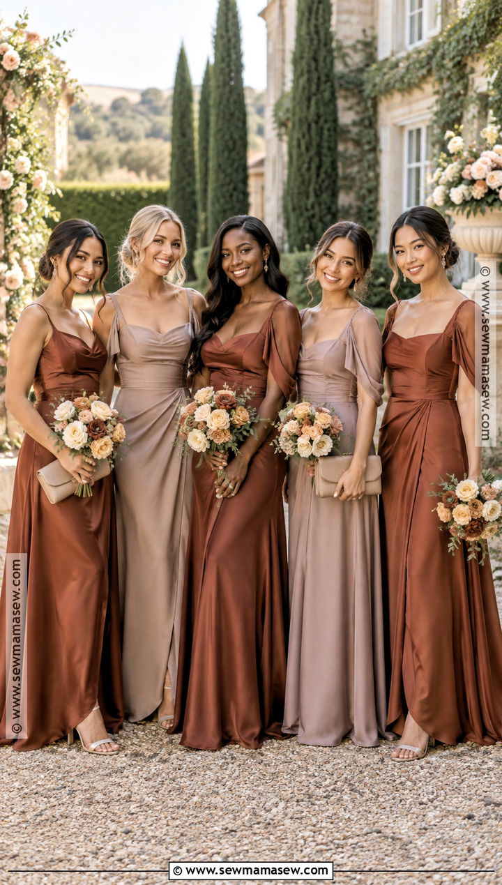 Cinnamon Rose and Taupe Bridesmaid Dresses - 15 Fall Wedding Palette Bridesmaid Dress Ideas