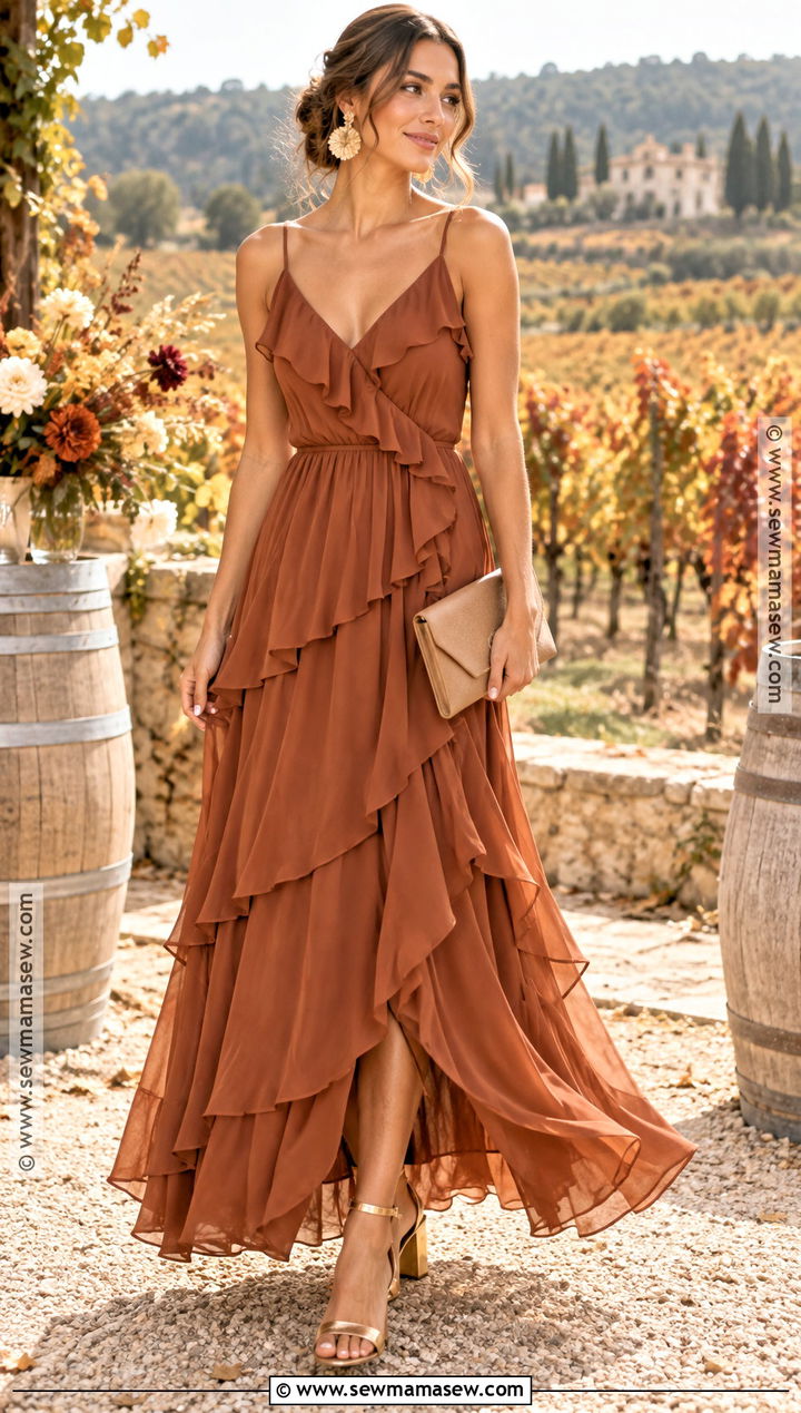 Cinnamon Ruffle Bridesmaid Dress With Gold Sandals - 25 bridesmaid dresses fall