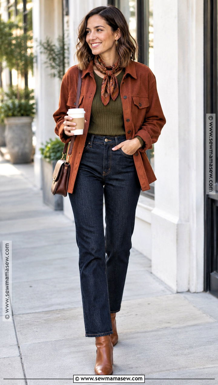 Cinnamon Shacket And Dark Denim Outfit - 25 warm autumn color palette outfit ideas