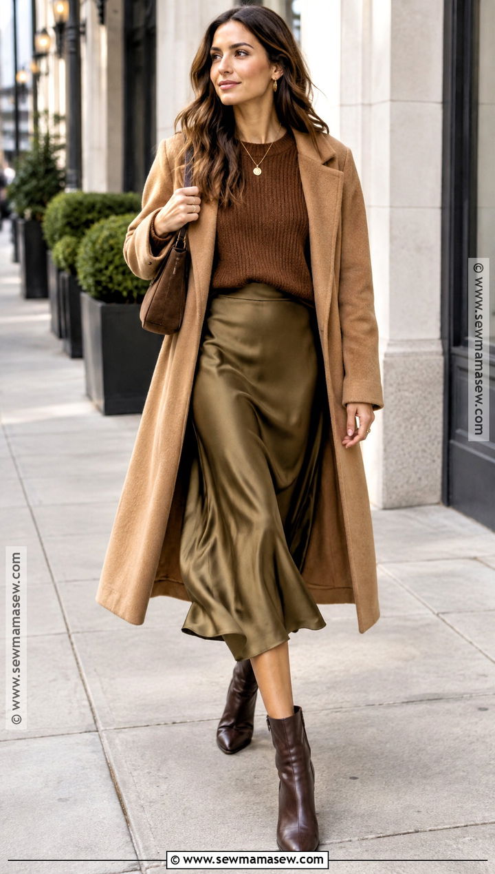 Cinnamon Sweater And Satin Skirt Outfit - 20 Autumn Tone Outfits