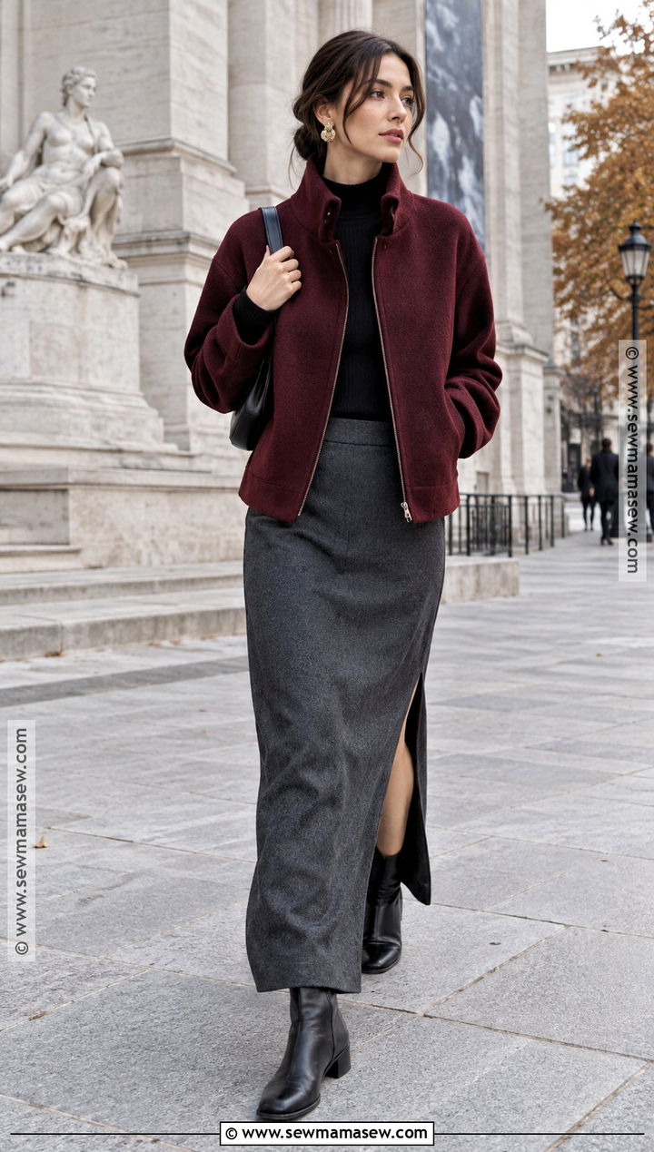 City Girl Fall Funnel Neck Jacket And Maxi Skirt Outfit - 20 City Girl Outfits Fall