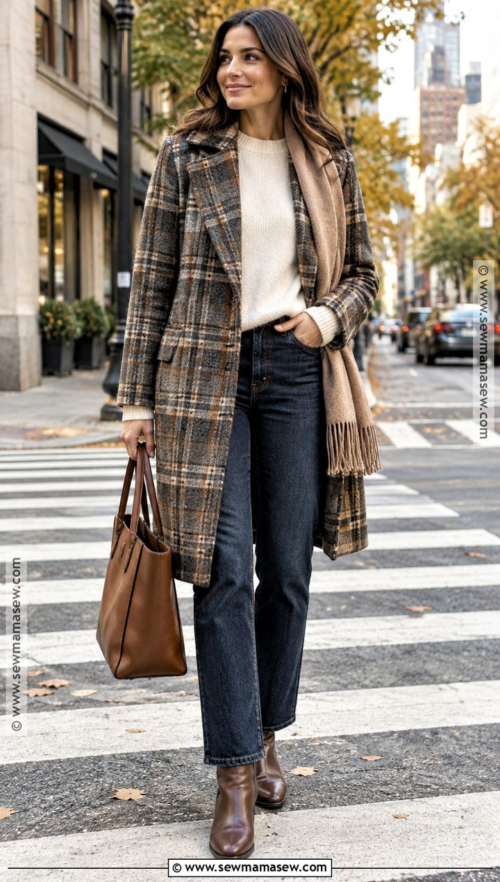 City Girl Fall Plaid Coat And Sweater Jeans Outfit - 20 City Girl Outfits Fall