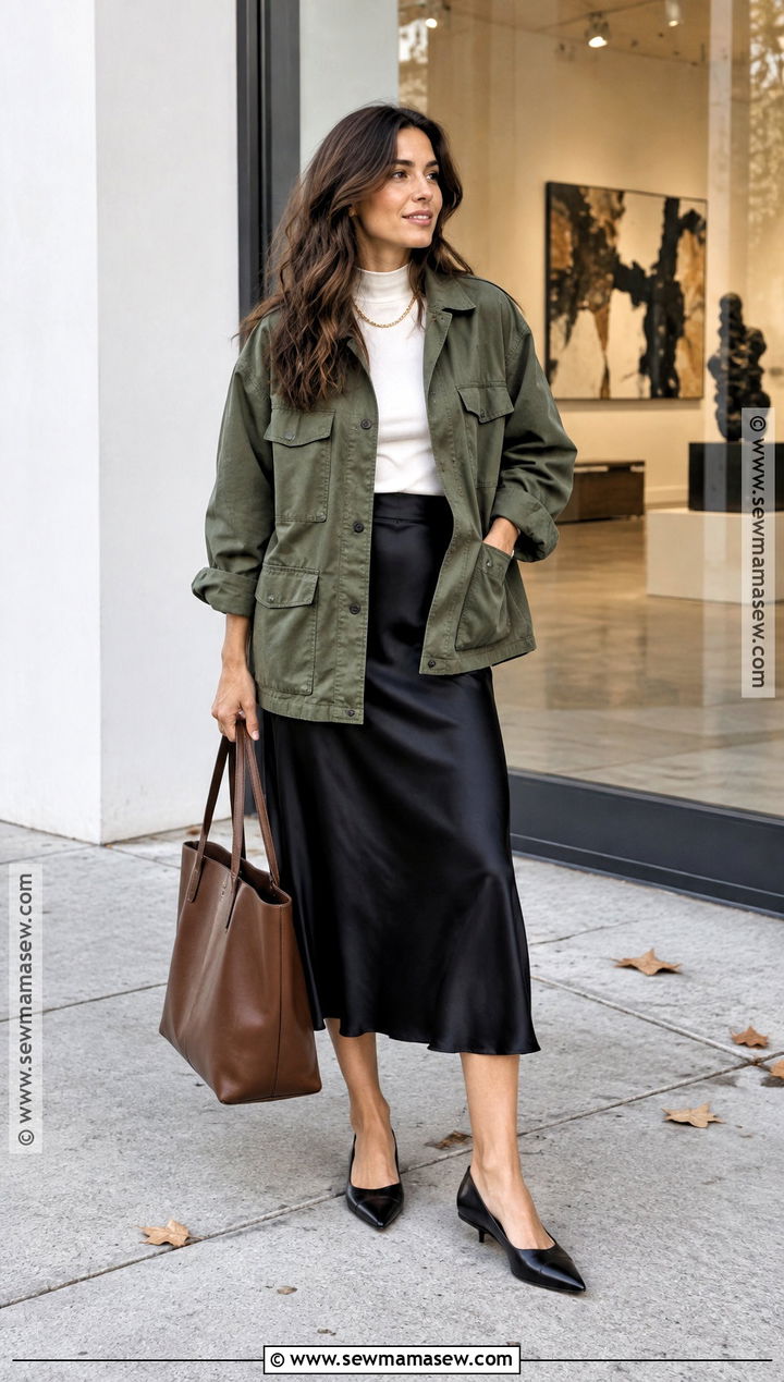 City Girl Fall Utility Jacket And Satin Skirt Outfit - 20 City Girl Outfits Fall