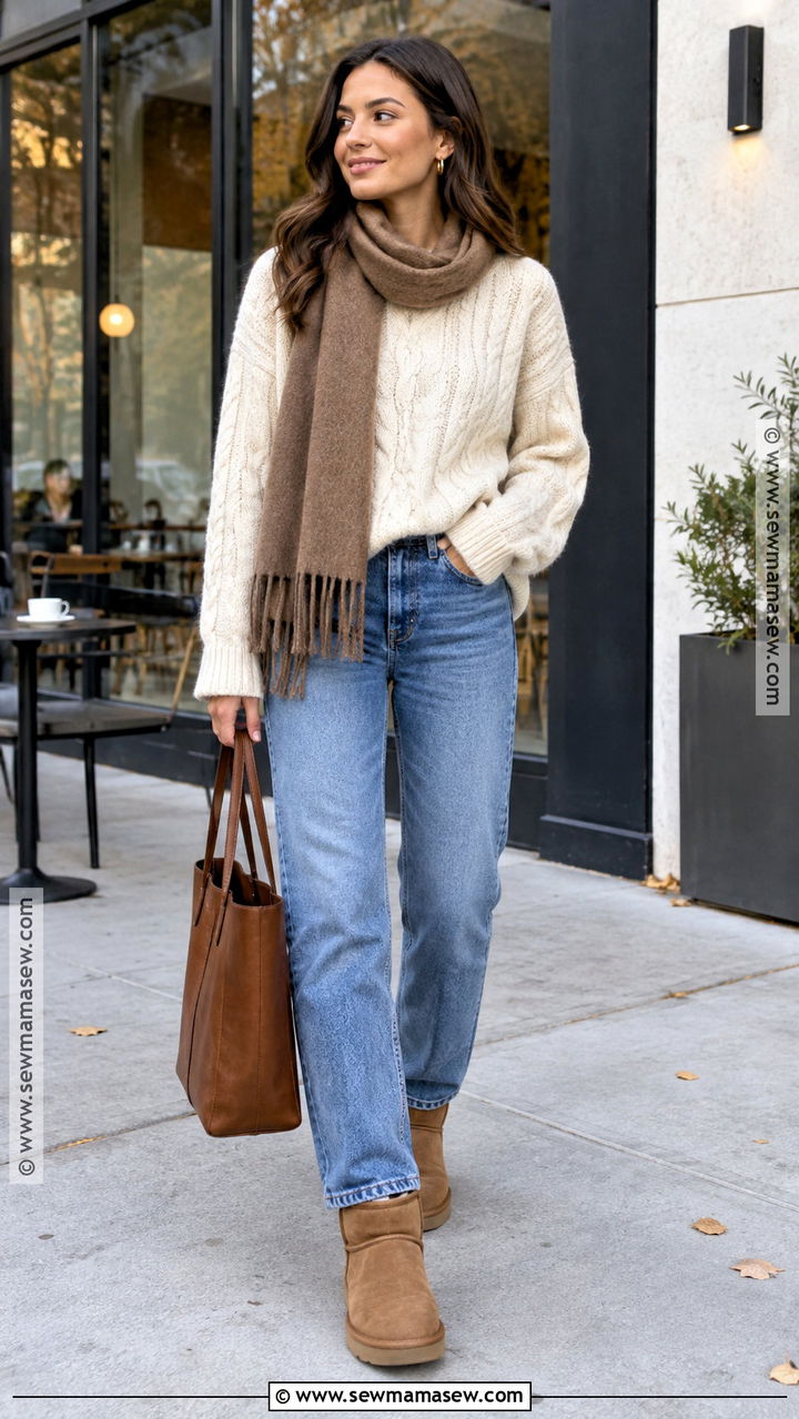 Classic Mini UGG Boots With Straight Leg Jeans And Cable Knit Sweater - 20 fall ugg outfits