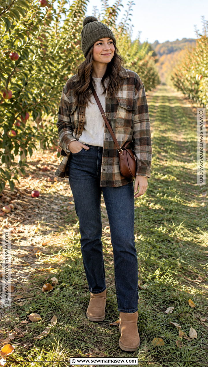 Classic Mini UGGs With A Plaid Shacket - 25 fall outfits uggs