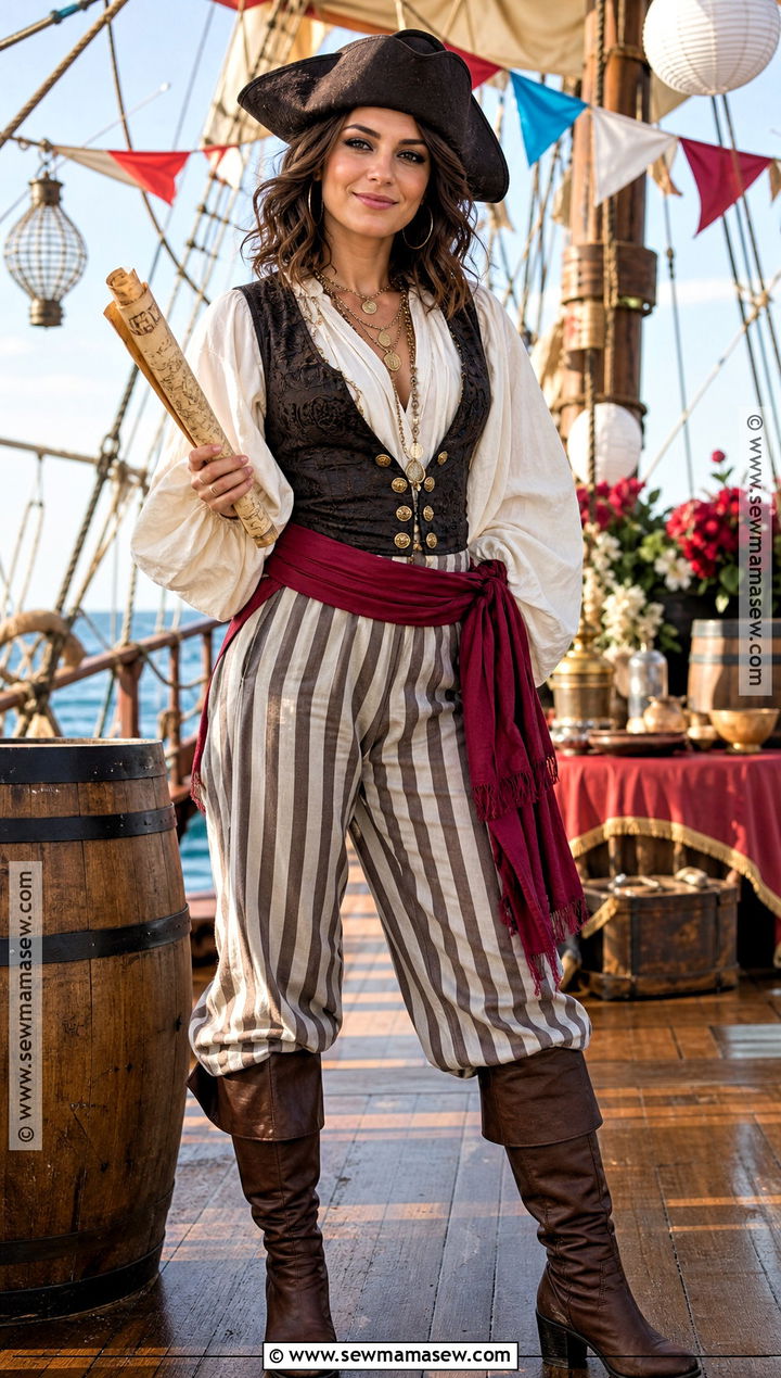 Classic Pirate Costume With Striped Trousers - 30 Halloween Party Costume Ideas