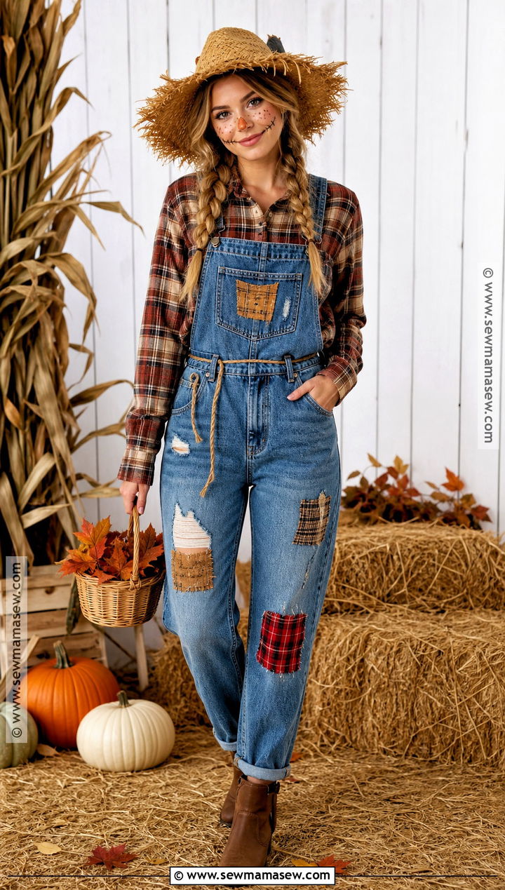 Classic Scarecrow Outfit With Denim Overalls - 30 scarecrow outfit ideas