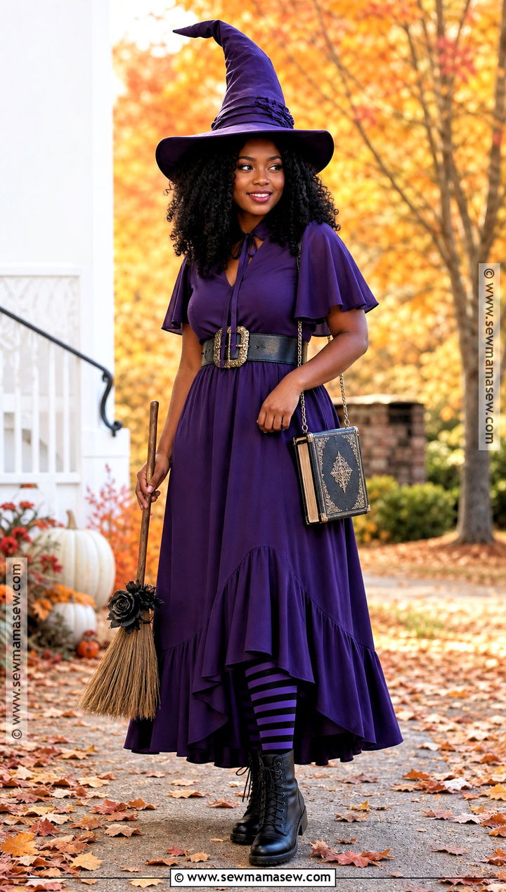 Classic Witch Costume With Natural Black Curls - 30 halloween costume black hair ideas