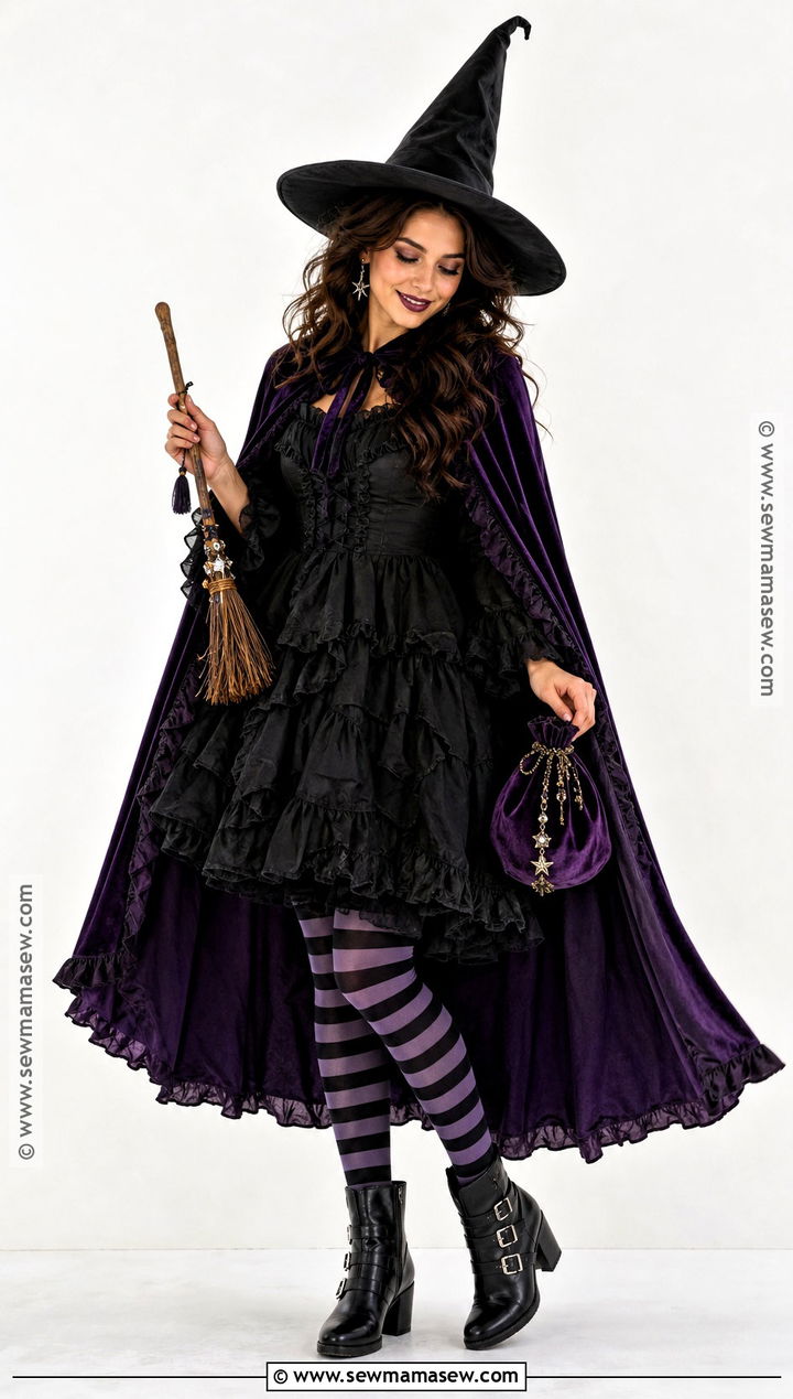 Classic Witch Costume With Purple Cape - 30 Solo Halloween Costumes Women Brunette