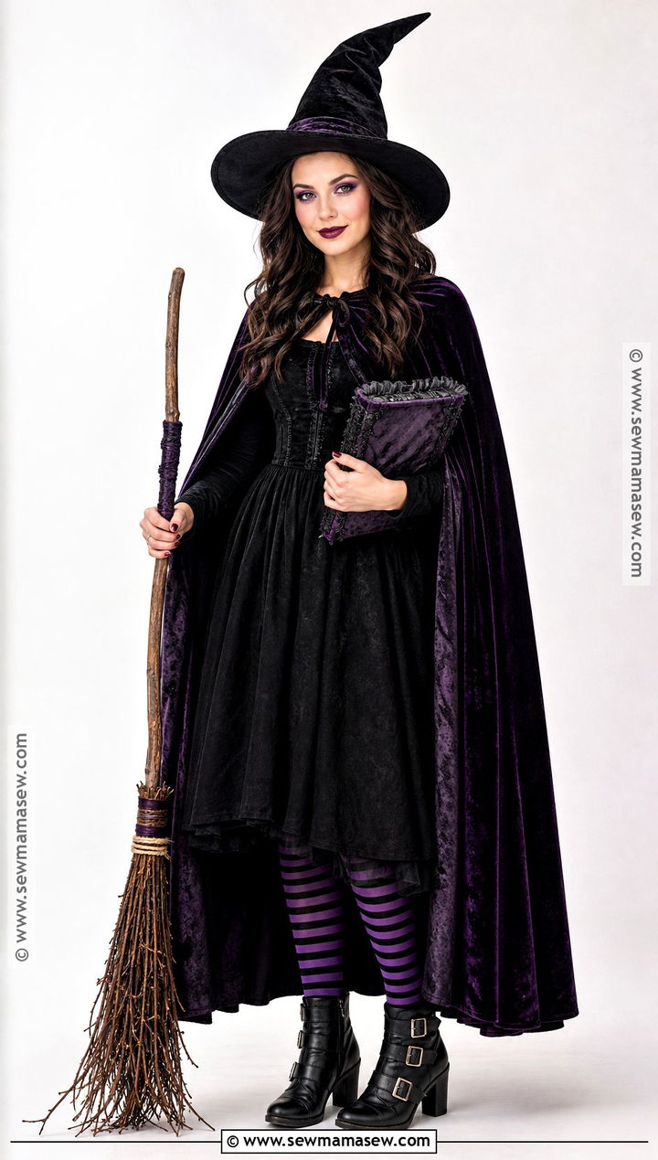 Classic Witch Costume With Purple Cape - 35 dark hair halloween costume ideas