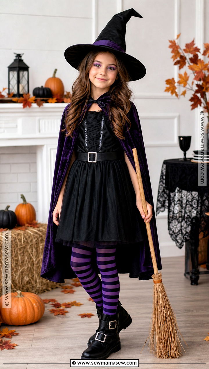 Classic Witch Costume With Purple Cape - 35 Girl Costume Ideas