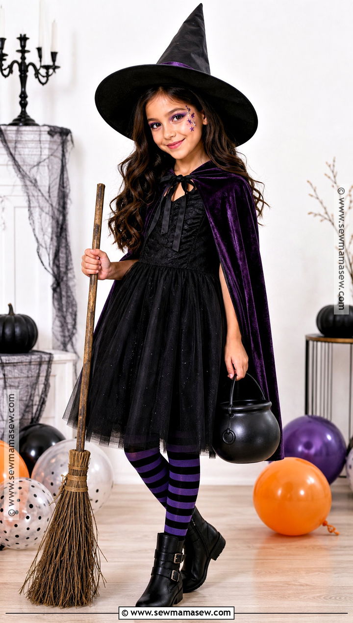 Classic Witch Costume With Purple Cape - 30 halloween costumes girls for kids