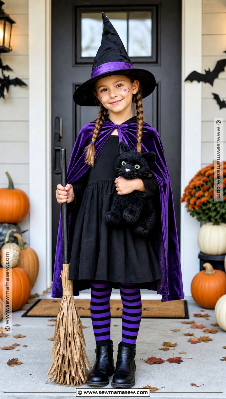 Classic Witch Costume With Purple Cape - 30 kid costume ideas