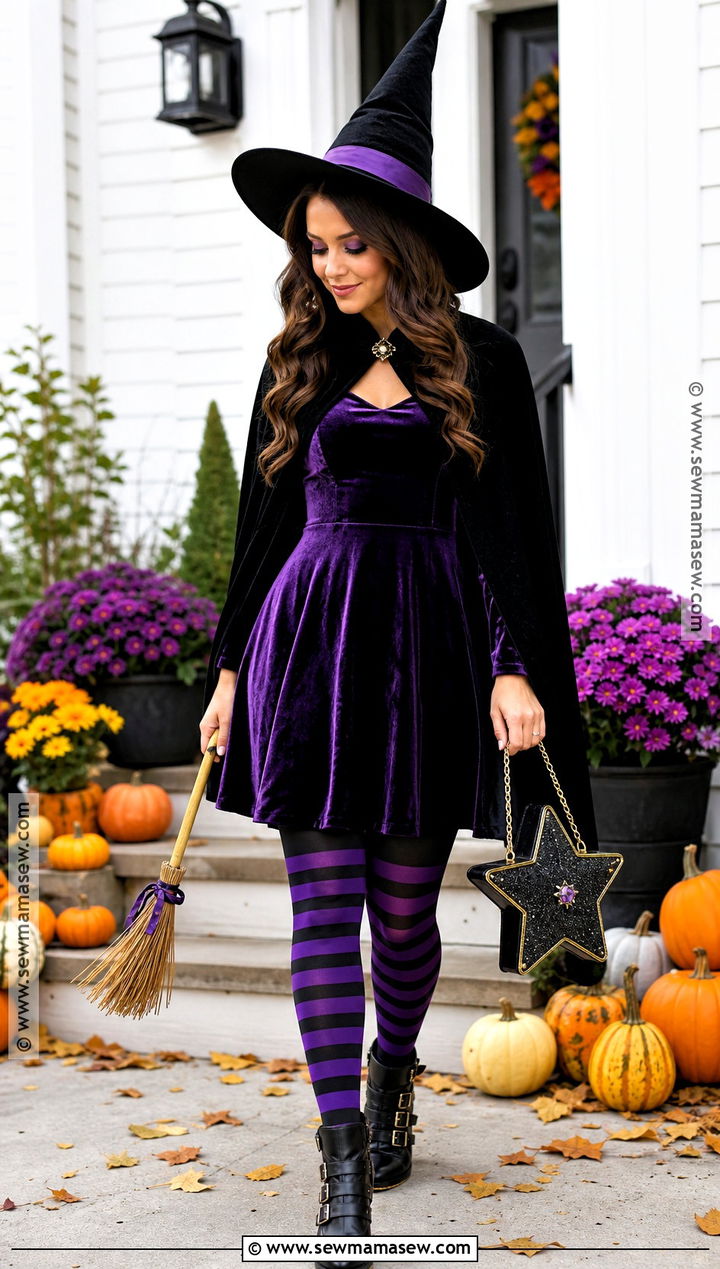 Classic Witch Costume With Purple Dress - 40 college halloween costume ideas brunette