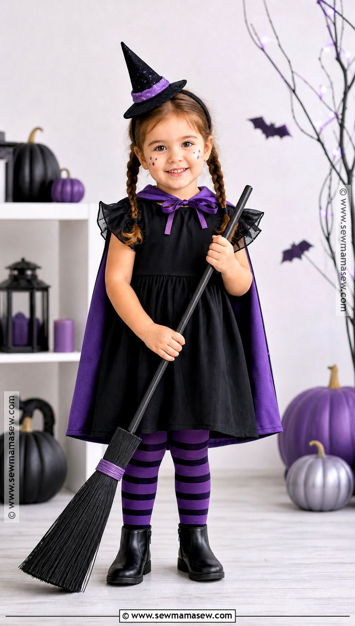 Classic Witch Costume With Purple Tights - 30 toddler girl costume ideas